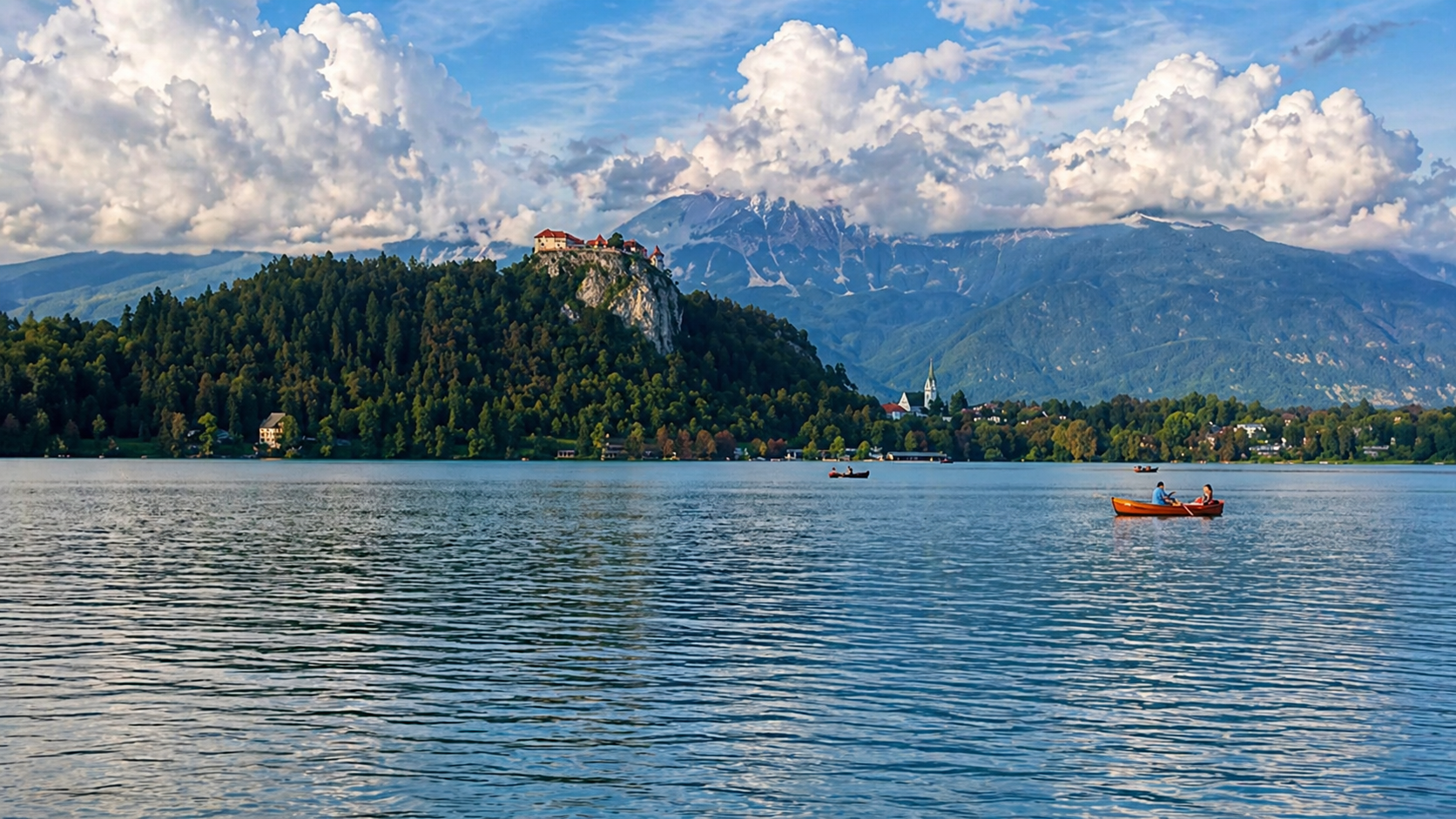 Lake Bled landscape with mountains and castle